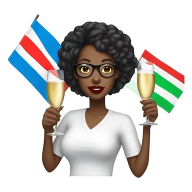A bald black woman with glasses woman in a white tee shirt with red, black, and green flag in one hand and a glass of champagne in the other, with blue lipstick. sticker
