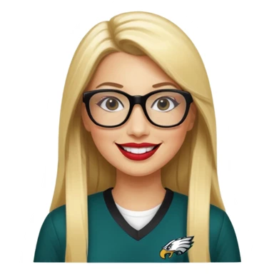 long blonde straight hair, black rectangle glasses, smiling, lipstick, full length eagles uniform, 33 sticker