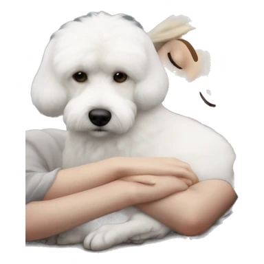 White dog Bichon Frise sleeping on brunette white girl's lap sticker