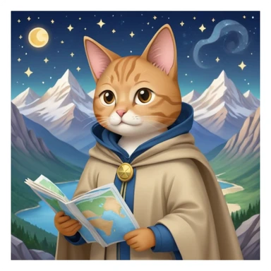 Explorer cat holding a map, mountains and stars in background, wearing light explorer clothing with flowing cloak, looking into distance sticker