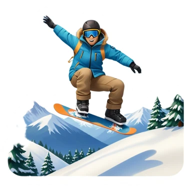 An icon featuring a snowboarder mid-jump, performing a stylish trick above a snowy mountain slope. The background showcases powdery snow, evergreen trees, and a bright blue sky. Transparent background captures the energy, skill, and thrill of snowboarding. sticker