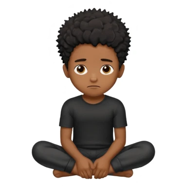 cute brown skin boy, no smile just sitting there looking tuff, black hair, sponge messy freeform’s.  sticker