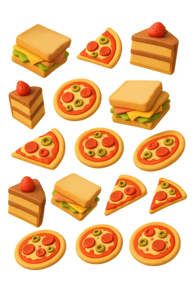 pizzette, fette di torta e panini, fluttuano in aria in 3d, sfondo bianco sticker