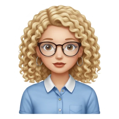 cute white girl with not volominous VERY LONG blonde curly hair with balayage, brown eyes, full lips, natural clean girl makeup and hoop earrings and square glasses, collared shirt sticker