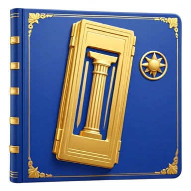 A golden yellow book with royal blue accents, smooth and polished, embossed with a symbol of six pillars, a sun, or a glowing mirror, radiating strength, confidence, and the power of self-worth.  sticker