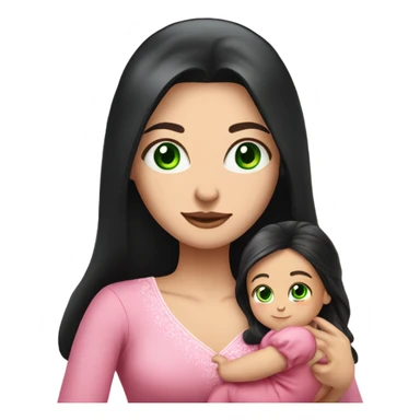 Beautiful Russian lady with green eyes and very long black hair pink clothes holding baby  sticker
