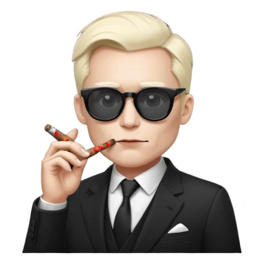 Minimalist emoji-style sticker of a devilish producer in black suit, tiny horns, dark sunglasses, and a smoking cigar, grayscale tones, matte style sticker
