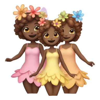 Four fairies with different grades of brown hair, in cute flower dresses like petals  sticker