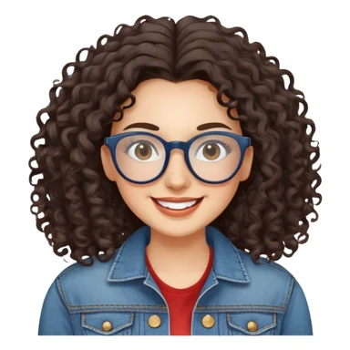 Mujer caucasian, cara redonda, gafas grandes rectangulares, cejas delgadas, pelo oscuro rizado largo. Sonrisa amplia, expresión feliz. Chaqueta de mahón. sticker