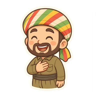 cartoon sticker of a Kurdish man in traditional clothing with hat, hand on chest (salute) pose, open smile, colorful and cheerful, no text, suitable for WhatsApp and Instagram sticker