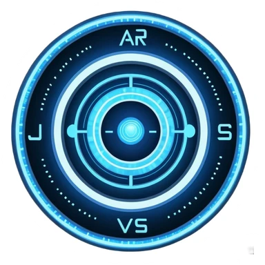 A circular blue holographic interface made of concentric rings, glowing tick marks, and data arcs, with the text “J.A.R.V.I.S.” centered, resembling a futuristic digital HUD floating in space. sticker