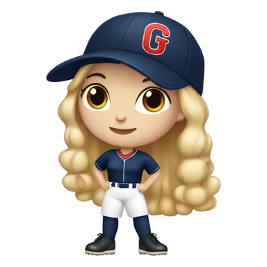 White girl with Black long hair, who wearing navy ballcap emblazoned with a red G initial and wearing baseball uniform sticker