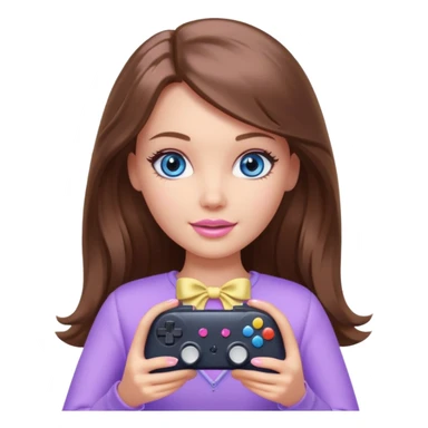 beautiful barbie girl with long brown hair, blue eyes and wearing light purple clothes playing console games with controller sticker