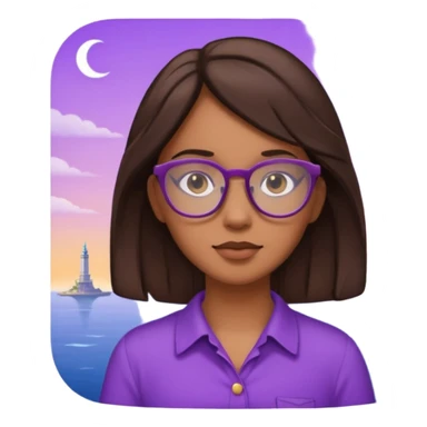 Chica de pelo moreno con gafas, lleva camisa violeta. Piel morena clara. Con Torre de Hércules detrás sticker