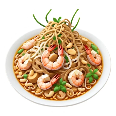Cinematic Realistic Pad Thai Dish Emoji, depicted as stir-fried rice noodles with shrimp, tofu, peanuts, and bean sprouts rendered with vibrant textures and dynamic, appetizing lighting. sticker
