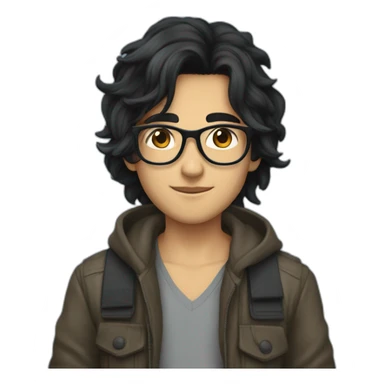 young muselim with semi long black hair blue glasses and black eyes in plane sticker