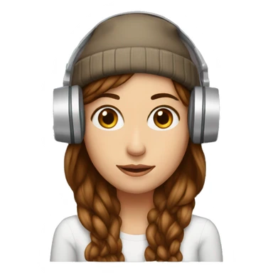 skinny lady, long brown hair with beanie and big headphones holding a box sticker