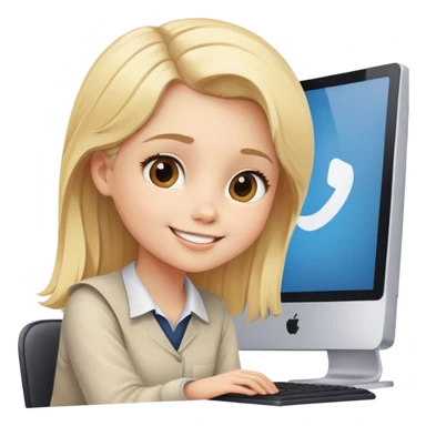 A blond girl sitting in front of a computer working but looking up towards you with a smile sticker