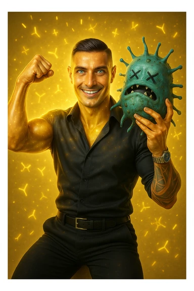 Un uomo atletico (30-40 anni) dalla pelle perfettamente liscia, senza cicatrici o imperfezioni, che emana un leggero bagliore dorato (metafora degli anticorpi).
Occhi brillanti con riflessi blu-verdi (simbolo di salute estrema).
Postura eroica, con un braccio sollevato in un gesto di forza, mentre con l'altro tiene un batterio gigante schiacciato come se fosse un mostro sconfitto. sticker