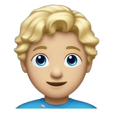 A child with blond hair, blue eyes and a blue t-shirt sticker