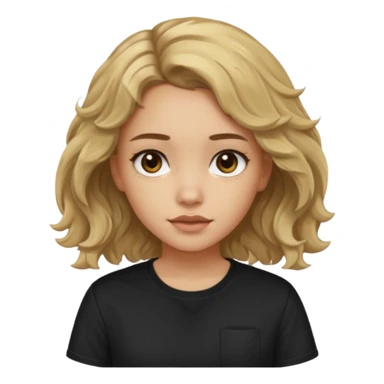 Light skinned girl with dirty blonde wavy hair and deep brown eyes and a black square shirt sticker