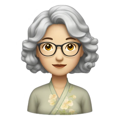 Chinese lady with lightly grey wavy hair to shoulder length wearing glasses wear Chinese dress sticker