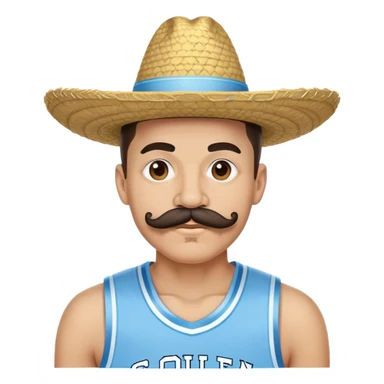 With an oversized handlebar mustache, wearing a colorful sombrero and a Carolina Tar Heels basketball jersey sticker