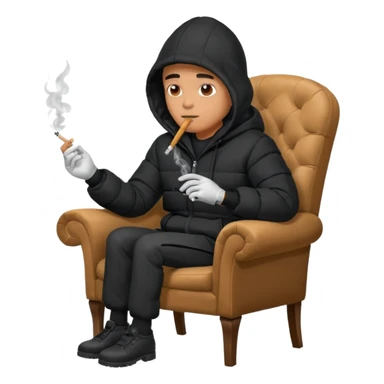 A man sitting on a chair, wearing a black puffed coat with hood, hands in his pocket, smoking a cigaret, he is on a chair i sticker