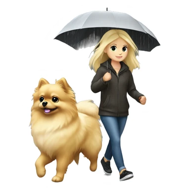 Blonde girl walking pomeranian under the rain sticker