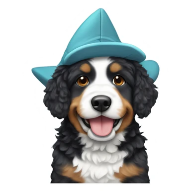 Mini bernedoodle wearing a shark hat sticker