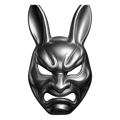 stylized usagi rabbit kabuki mask, red and white, angry expression, shiny chrome look sticker