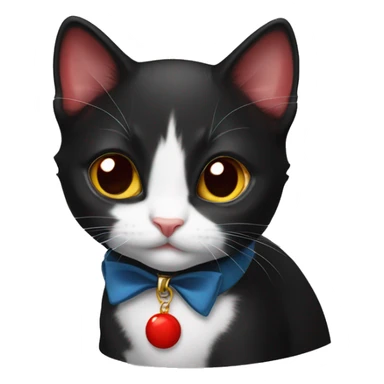 Tuxedo kitten with a red collar sticker