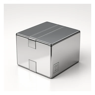 modern chrome box, highly reflective and metallic, with the same proportions and tape accents as a standard package sticker