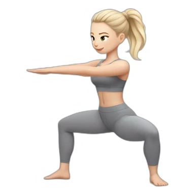 Pale skinned fit woman In a gray tight yoga suit and wristbands With ash blonde hair in a bun doing yoga sticker