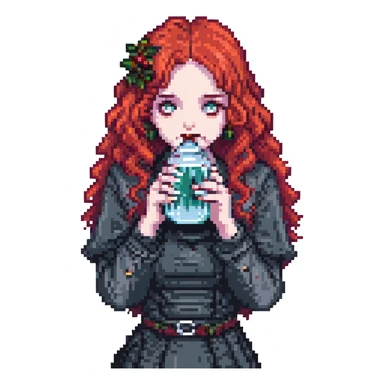 goth girl with curly cherry-red hair sipping water, pixel art style sticker