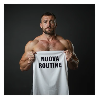hyperrealistic 4K image of a muscular fitness man with a sad face holding a sheet with the text 'NUOVA ROUTINE', variation 12, no background sticker