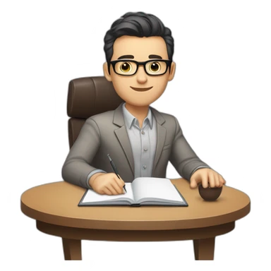Pale skinned Fit Man With dark brown hair in gray jacket, beige office shirt and vintage glasses sitting In a soft chair with a notebook with emblem Ψ and a pen in his hands sticker