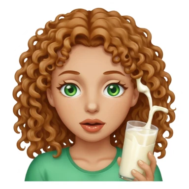 Woman with green eyes and light brown curly hair with milk dripping from mouth and face  sticker