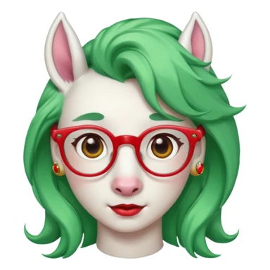 white unicorn with green hair and big red earrings looking into camera and spectacle sticker