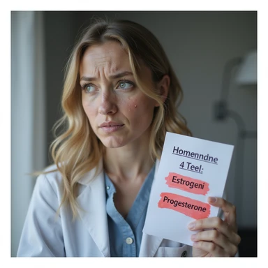 hyperrealistic 4K image of a woman with hormonal imbalance, next to her a blood test sheet with 'Estrogeni' and 'Progesterone' values highlighted in red, face with acne, confused expression, clinical environment sticker