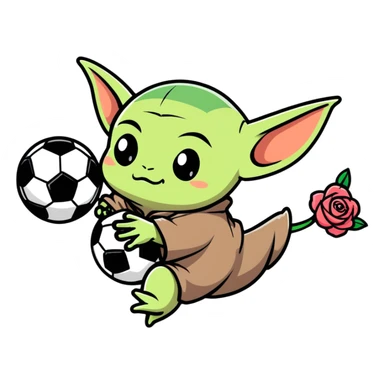 baby Yoda kicking a soccer ball with small roses beside him sticker