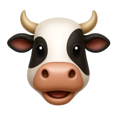 Create a cow face emoji that looks exactly like the reference image, in iOS emoji style. The emoji should have 3D appearance, shiny surface, smooth gradients, soft shadows, a friendly expression, black and white markings, and horns. sticker