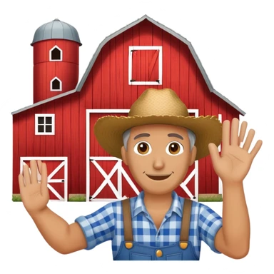 a farmer waving in front of a red barn sticker