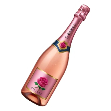 bottle of sparkling rosé champagne with a rose logo on the label, tilted up and to the right, no glass sticker