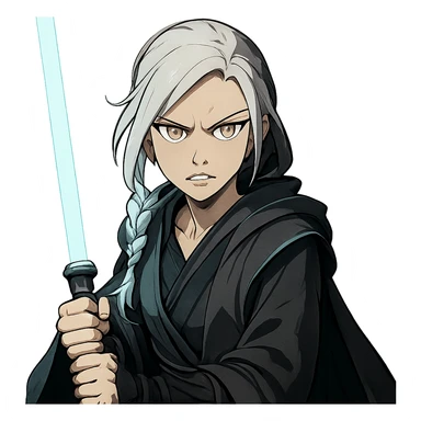  a closeup portrait of young woman with gold yellow eyes, white hair, long braid, black off-shoulder top, punk gothic style, futuristic cyberwave cyberpunk,  jedi attire and posture robes of a padawan, foreweilding a bright blue-green lightsaber, angry fierce face expression, power stance, 30-90 sticker
