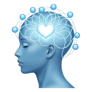 elegant human silhouette with delicate interconnected lines and floating orbs, luminous cores at head and heart, soft white-blue light sticker