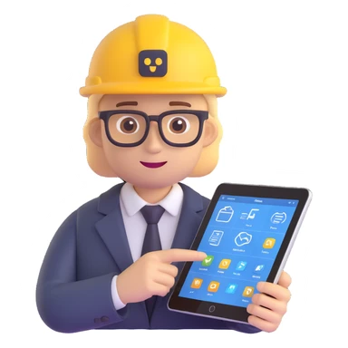 I.T. solution architect emoji presenting a digital architecture plan on a tablet, tech-savvy look sticker