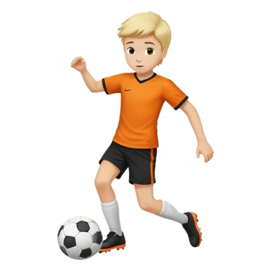 Kicking a soccer ball, boy, blond hair, orange shirt,black shorts sticker