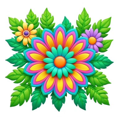 3D, psychedelic colored hippie style flower border with leaves sticker