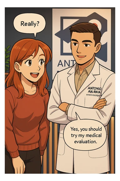 su questo stile fai un manga/webtoon a colori in cui C'è UNA STRISCIA CON FOCUS SUL VOLTO DELLA donna CON ESPRESSIONE DI STUPORE CHE ESCLAMA UNA COSA FELICE, MENTRE NELLA STRISCIA A DESTRA SI VEDE, l'uomo della foto in stile manga LE SPIEGA CHE DEVE PROVARE LA SUA VALUTAZIONE MEDICA, mantieni un ambiente simile alla foto che ho allegato con il suo logo (sarebbe il suo studio, lui è un kinesiologo), scrivigli "ANTONIO ANANIA" sul camice bianco, non mettere fumetti, ma fai in modo che sembri che la donna CHIEDA E  l'uomo RISPONDA sticker